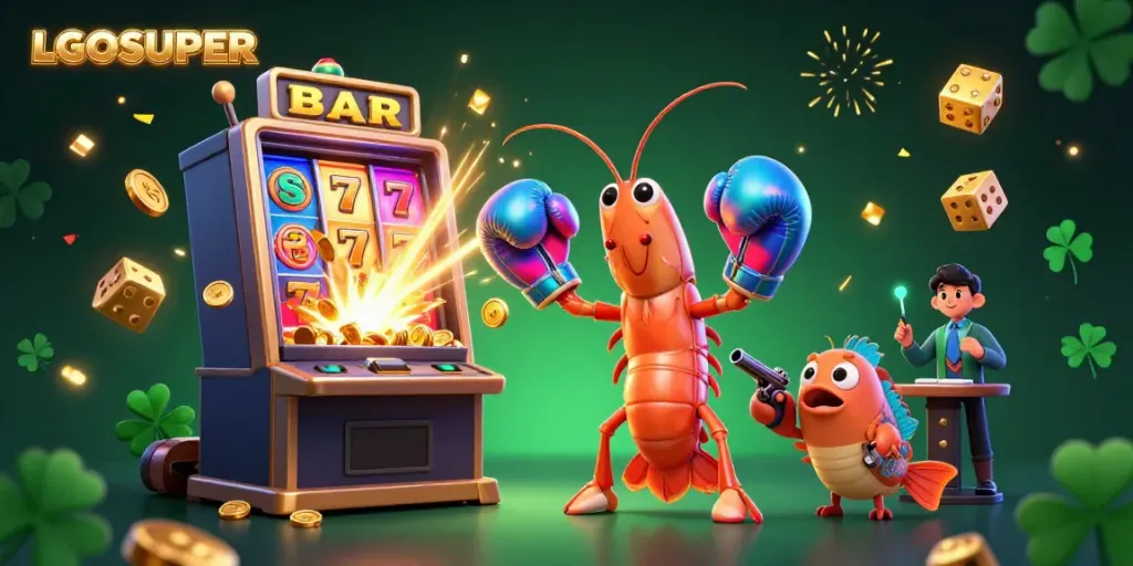Experience thrilling jackpots with LGOSUPER's vibrant gaming scene featuring a mantis shrimp and explosive slot machine.