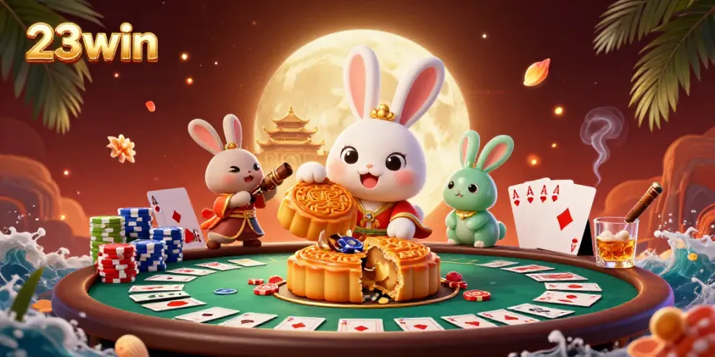 Experience the excitement of 23win with a colorful moon rabbit scene unveiling poker rewards.