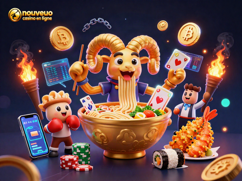 Visitez un nouveau casino en ligne avec cette illustration dynamique mettant en avant des personnages et des éléments de jeu captivants.