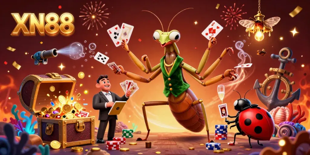Experience the thrill of XN88, featuring a lively casino scene with characters engaged in exciting games and celebrations.