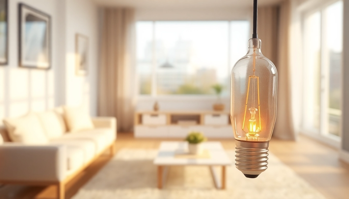 What is an A19 light bulb illuminating a stylish modern living room.