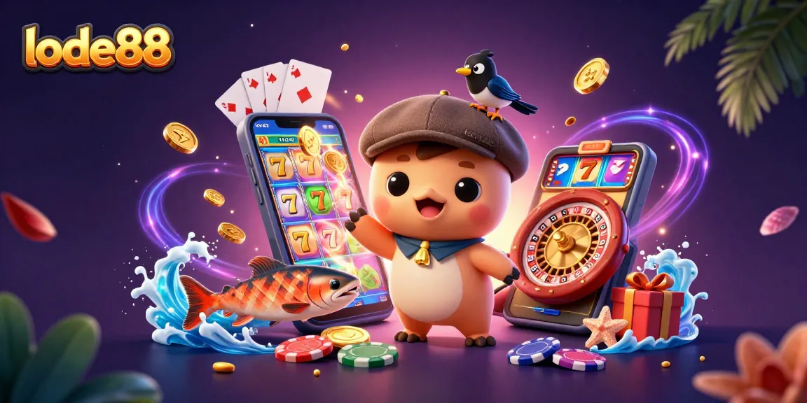 Play slots with lode88, featuring a playful Nessie and casino elements, vibrant and engaging.
