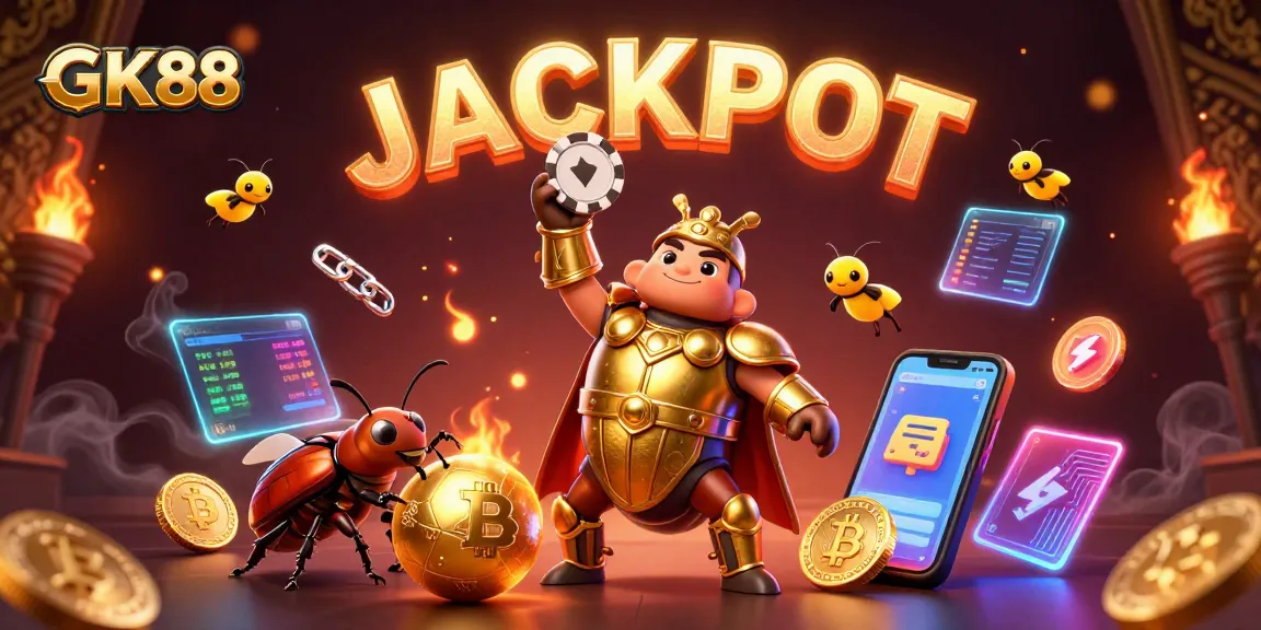Experience thrilling gameplay with GK88, as a victorious hercules beetle celebrates a jackpot in vibrant 3D.