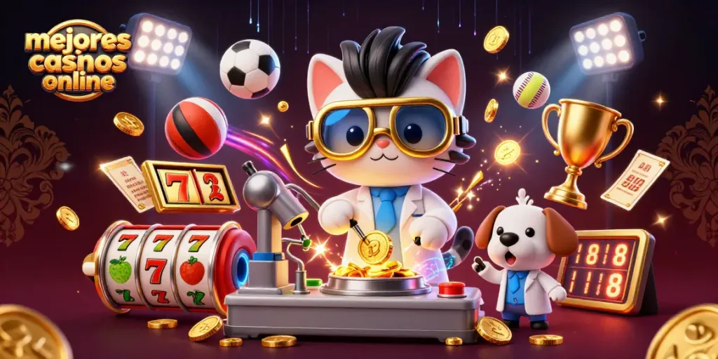 Disfruta los mejores casinos online con un gato científico creando monedas doradas en un entorno mágico de juego.