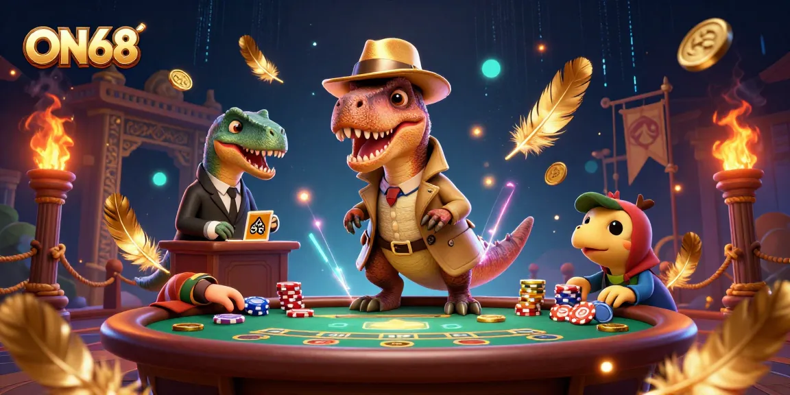 Experience the thrill of ON68's dynamic gambling scene with a sneaky velociraptor at the blackjack table.