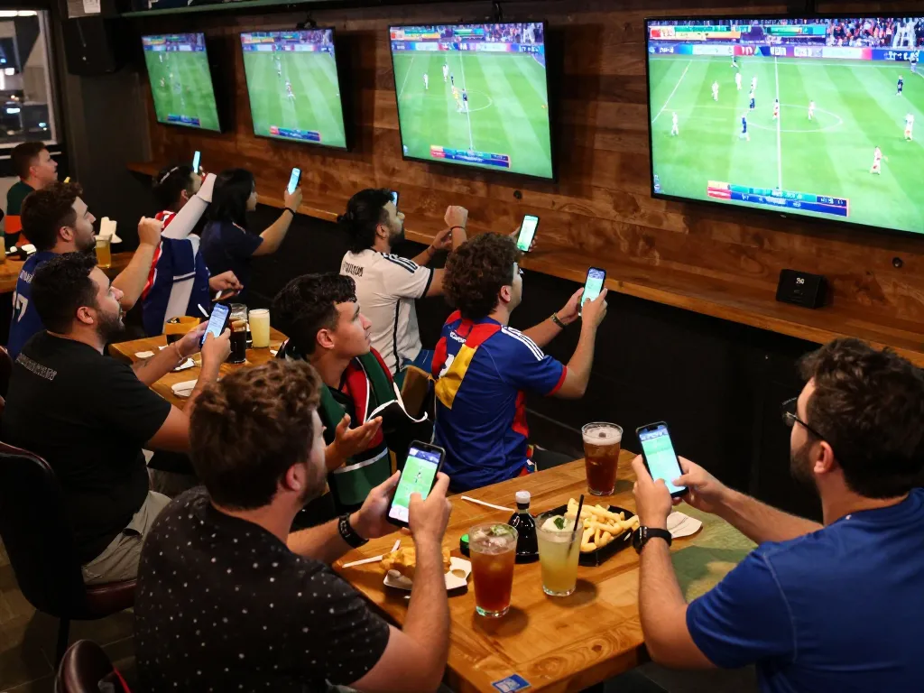 Fans engaging in sports betting while watching World Cup 2026 matches at a lively sports bar