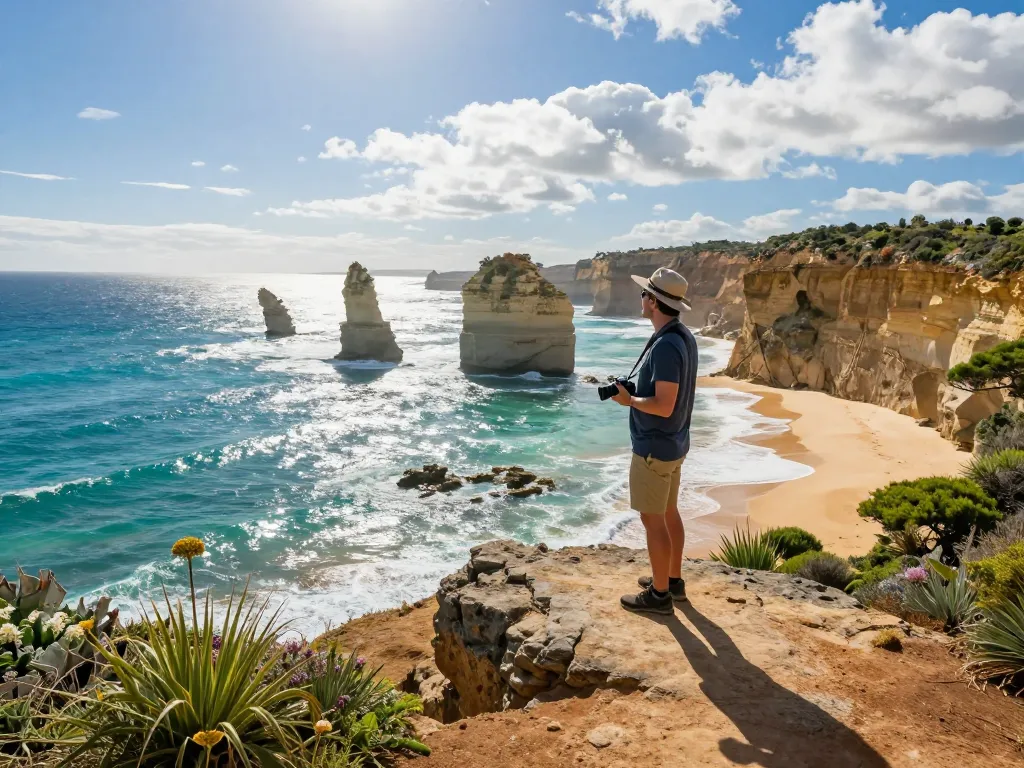 Traveler in Australia overlooking stunning coastal waters with mountains in background.