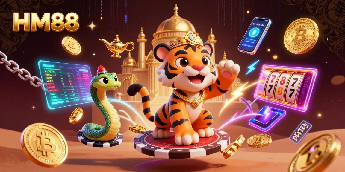 Engage in thrilling gaming action with HM88, featuring a lavish casino scene and vibrant neon elements.