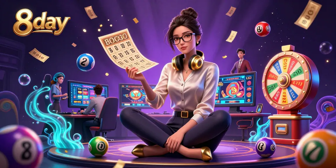 8 day online casino gaming scene with a professional Asian woman at a high-tech setup surrounded by colorful lottery elements.