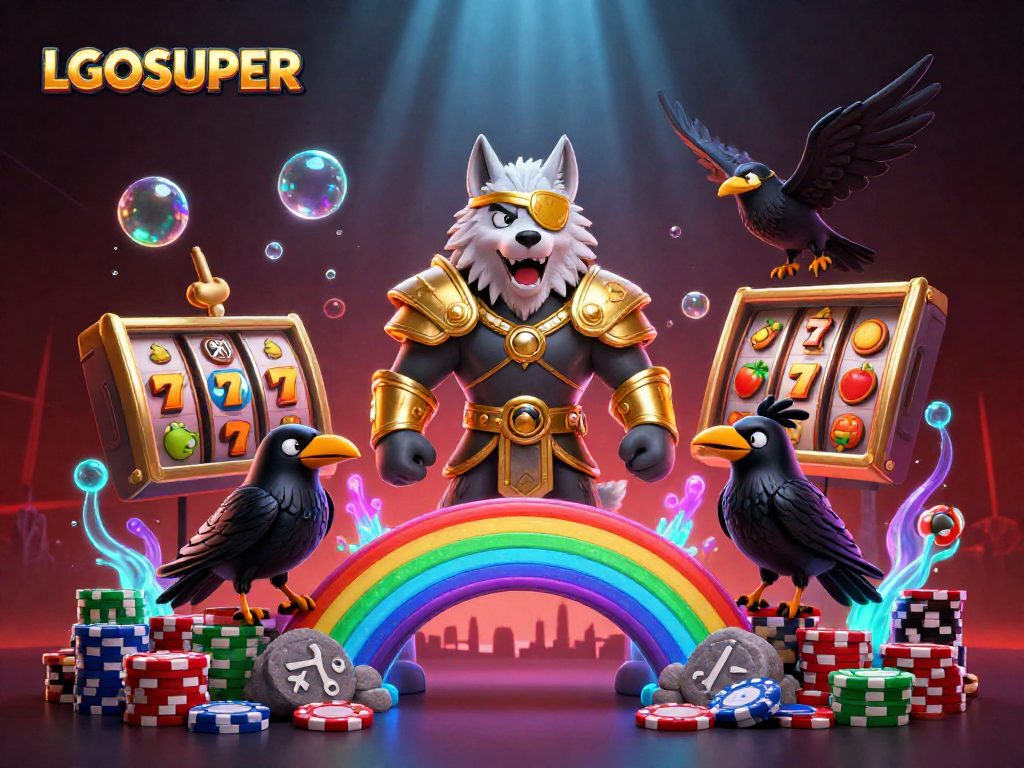Play exciting slots at LGOSUPER with a vibrant 3D illustration showcasing Norse characters and jackpot elements.