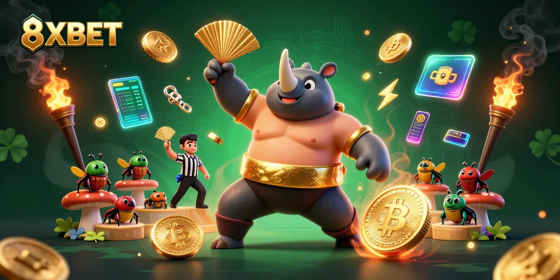 Experience unique casino gameplay at 8XBET with vibrant characters amidst flying coins and digital elements.