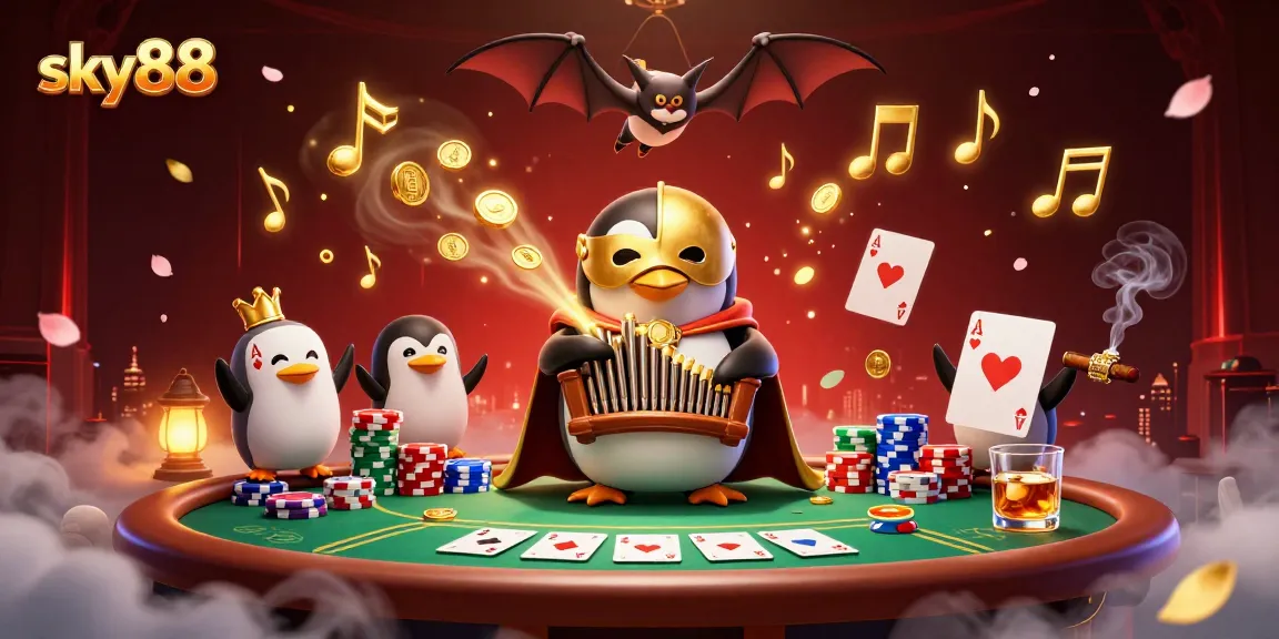 Experience sky88's thrilling casino ambiance with a playful 3D penguin and golden coins cascading