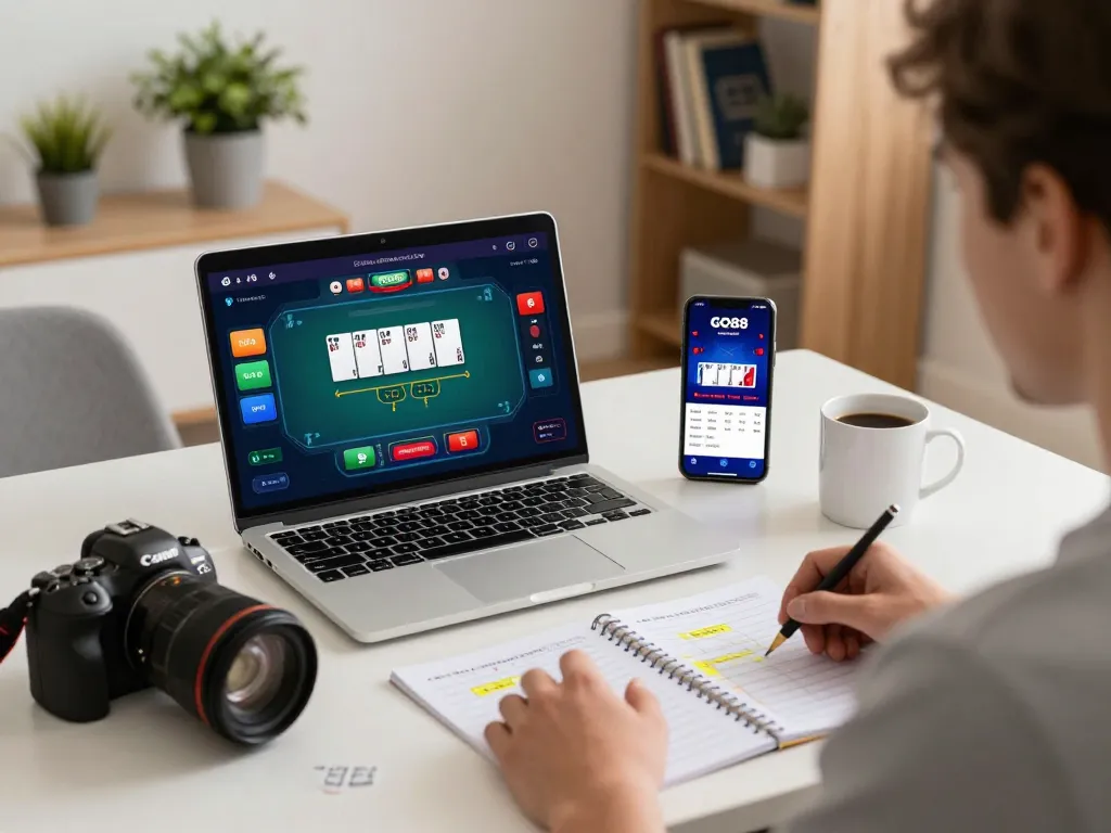 Engaging player using GO88 for online poker strategy and gameplay in a cozy home setup