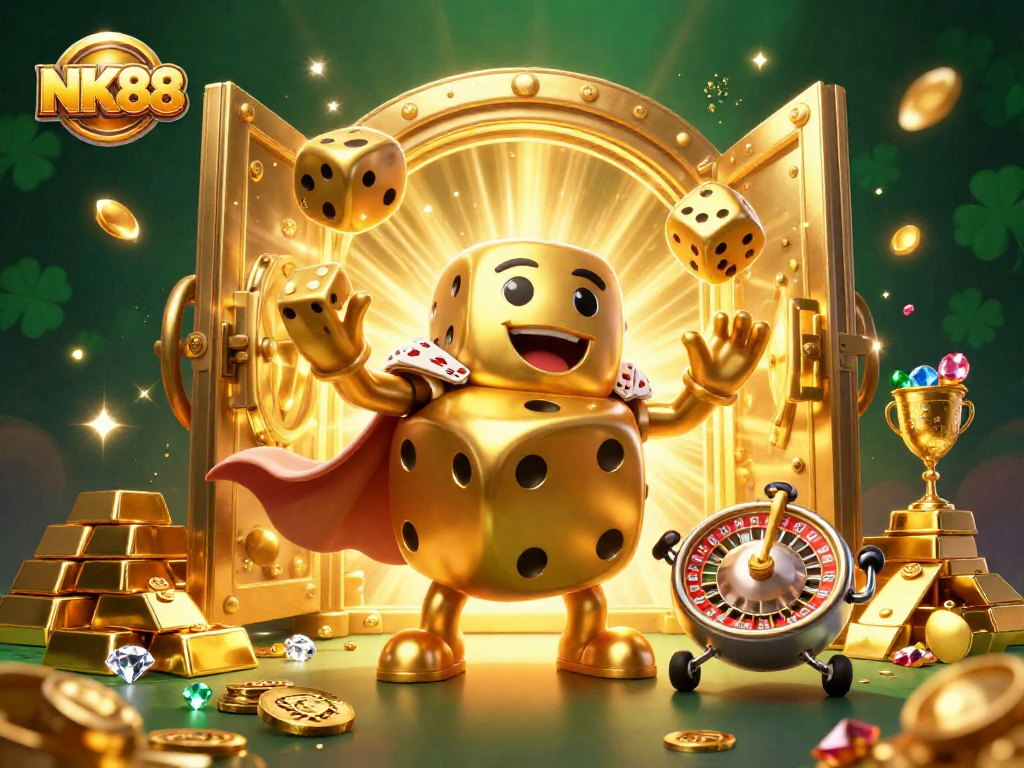 Experience the thrill of NK88 with a golden dice golem and vibrant treasures in this immersive scene.