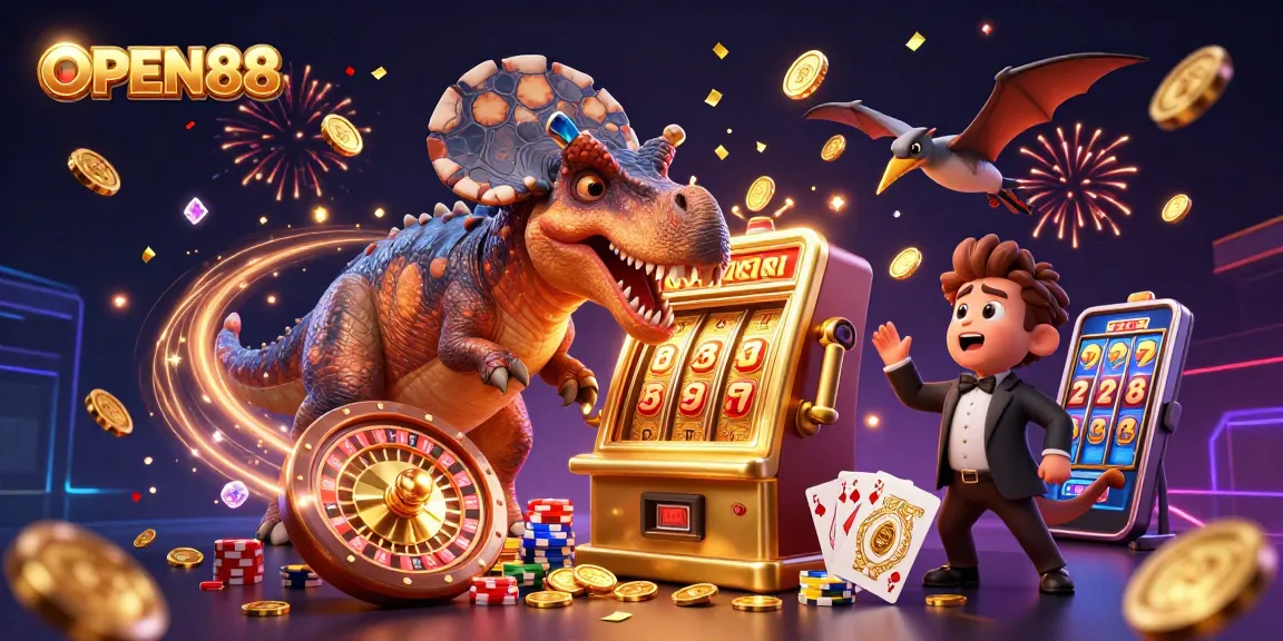 Experience exciting wins at OPEN88 with a pachycephalosaurus celebrating a jackpot!