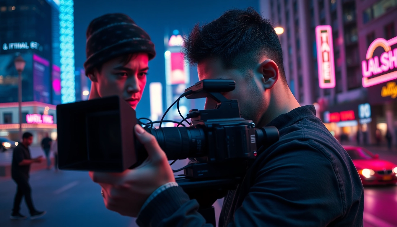 Engaging video production scene featuring a professional videographer amidst a dynamic urban backdrop.