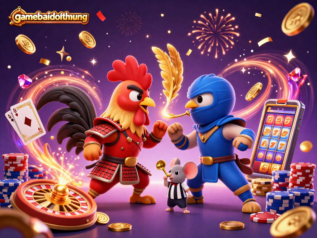 Engage with gamebaidoithuong as epic roosters duel in a vibrant casino scene.