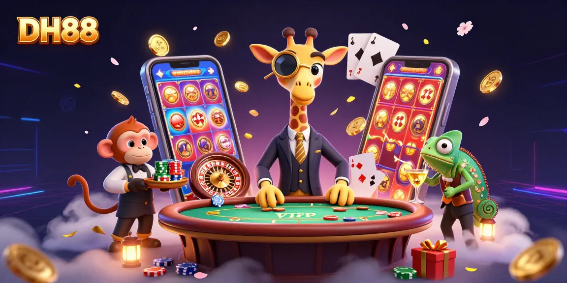 Engage with DH88's exciting casino experience featuring animated characters and vibrant gaming elements.