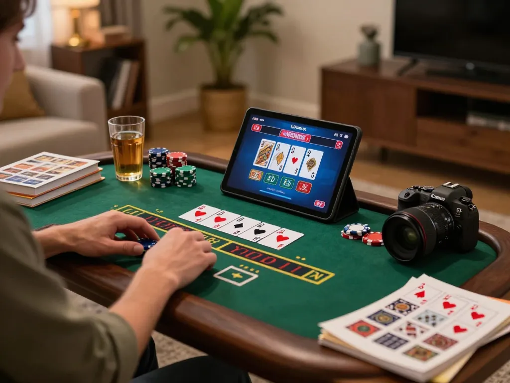 Player enjoying blackjack on tablet at home, showcasing engaging LC88 online casino experience.