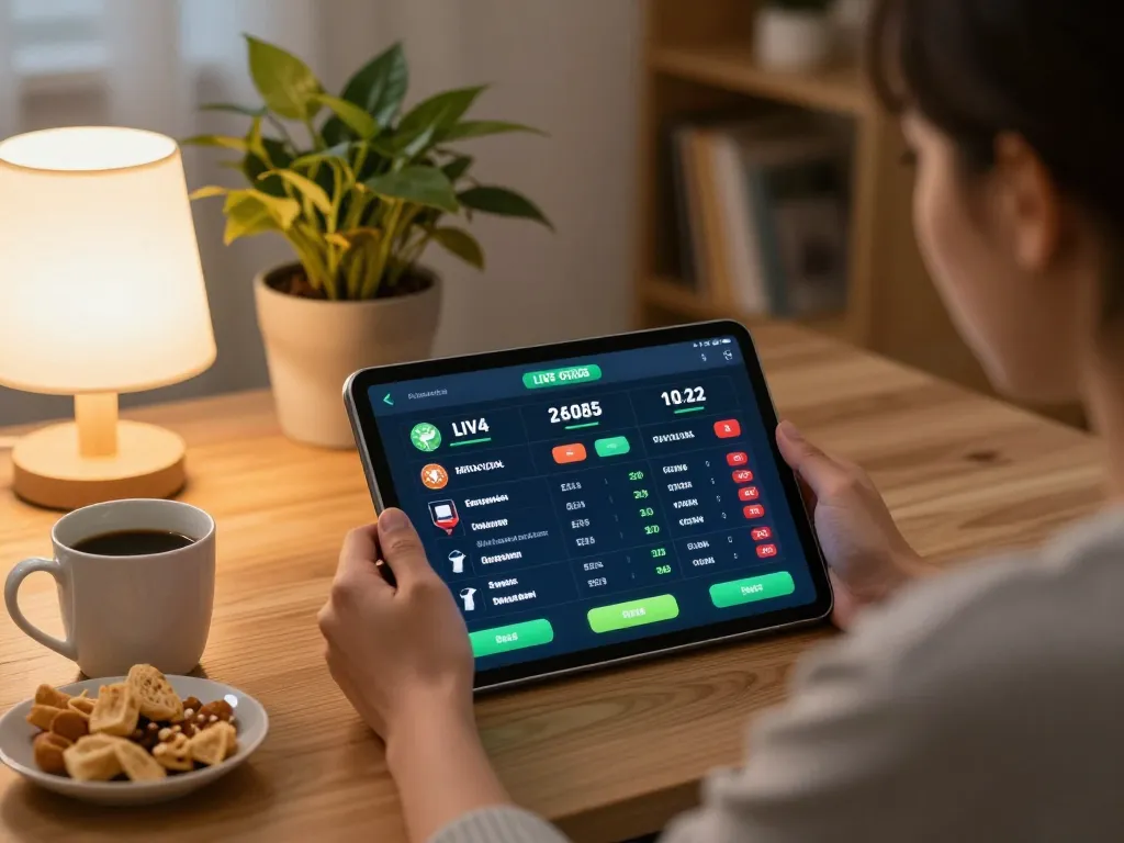 Person placing bets on the god55vn sports betting app from a cozy home setup.