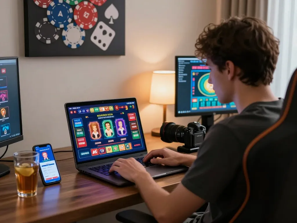 Engaged user at home enjoying 79KING online gaming with vibrant casino interface and betting options.