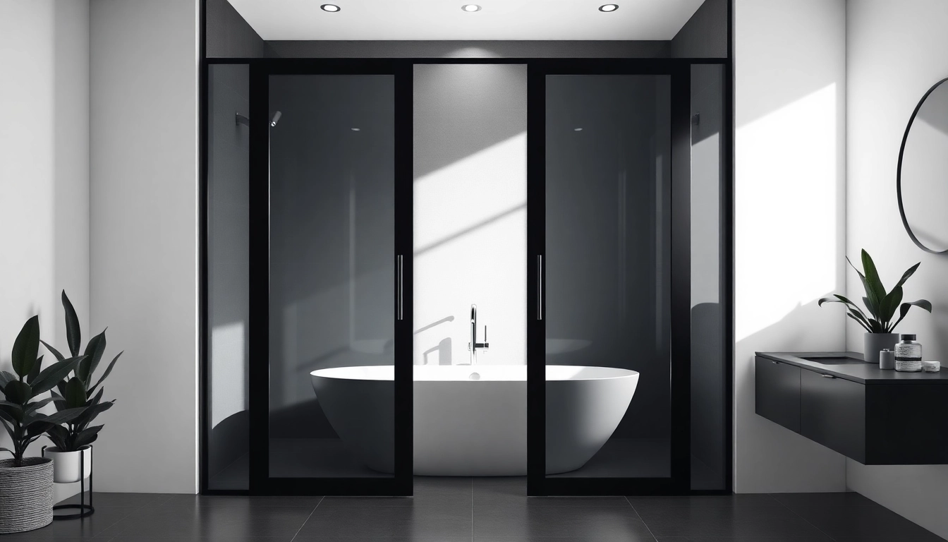 Stylish black frame shower doors in a modern bathroom setting featuring sleek design and natural lighting.
