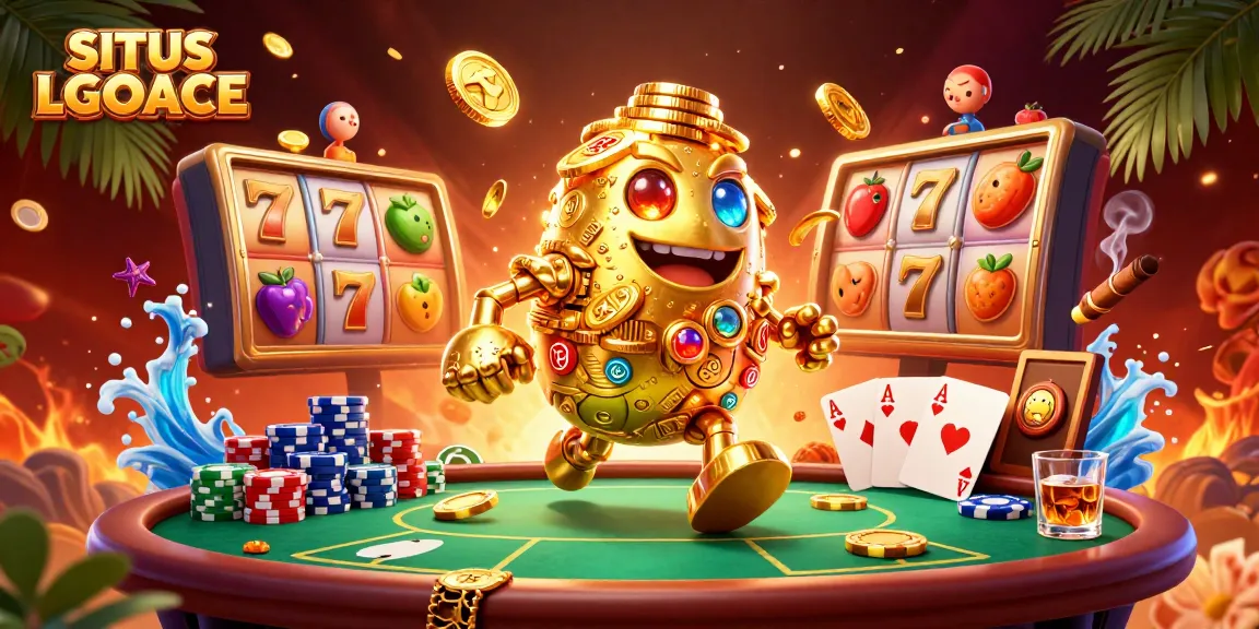 SITUS LGOACE showcases an animated golden golem surrounded by dynamic slot game elements in a vibrant casino scene.