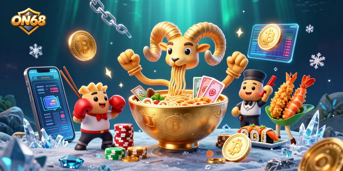 Engage in thrilling gameplay at ON68 with vibrant 3D characters, Bitcoin coins, and casino elements.
