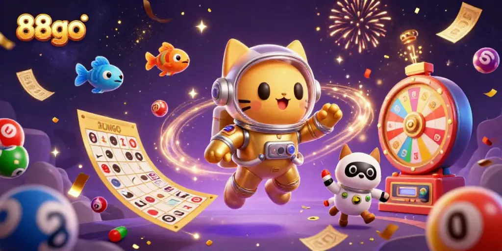 Explore exciting gameplay with 88go's vibrant illustrations of dynamic gaming elements and unique characters.