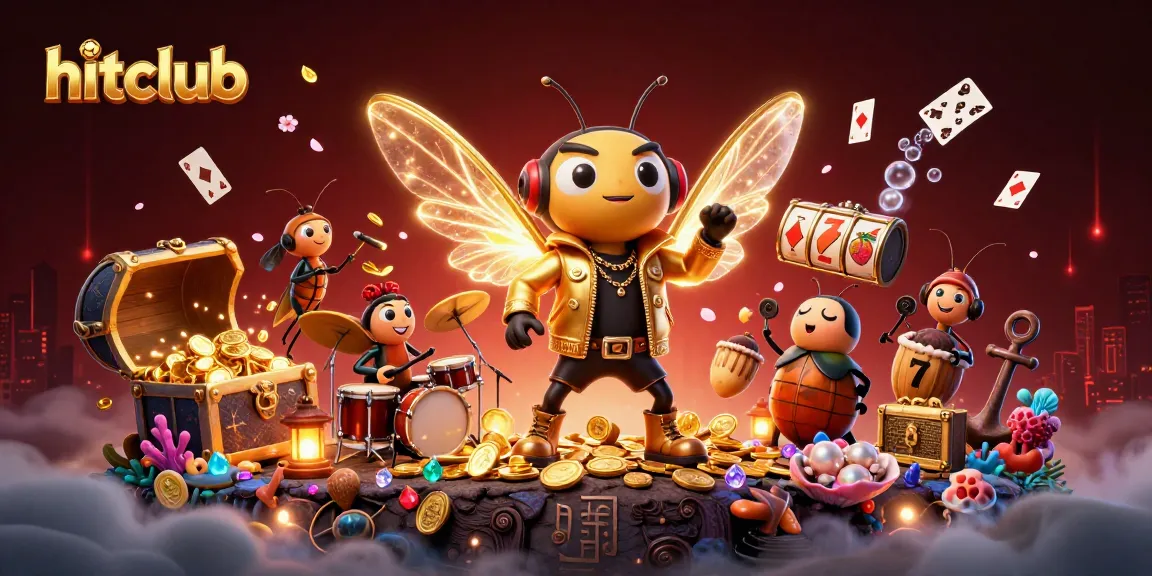 Engage with hitclub's exciting slot games featuring vibrant illustrations of a cicada rock star surrounded by treasure and playful casino elements.