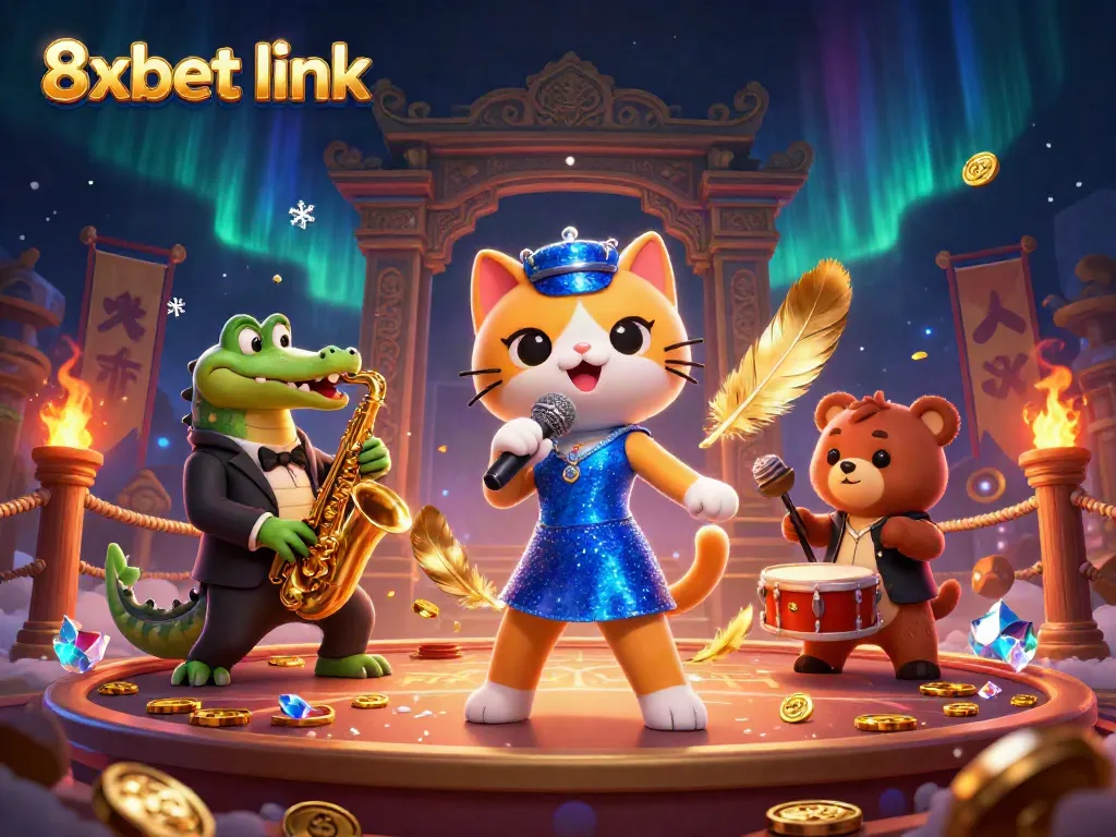 Experience vibrant gaming at 8xbet link with featured characters in dynamic casino setting.