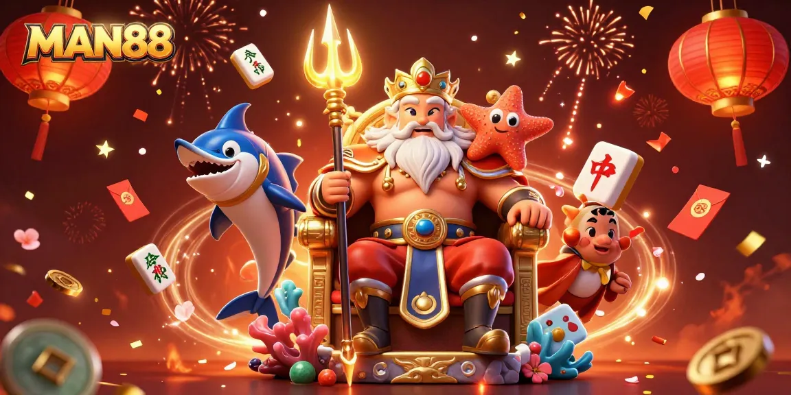 Engage in thrilling gameplay with MAN88, depicted in a vibrant casino scene featuring Neptune, elements of luck and celebration.