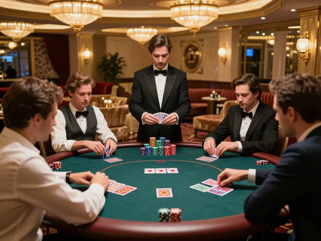 Bongdalu VIP players savoring high-stakes poker in an exclusive casino lounge, surrounded by luxury decor.