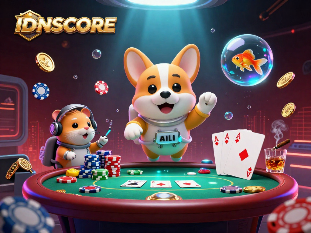 IDNSCORE showcases an astronaut corgi floating in a space casino, with poker elements and glowing effects.