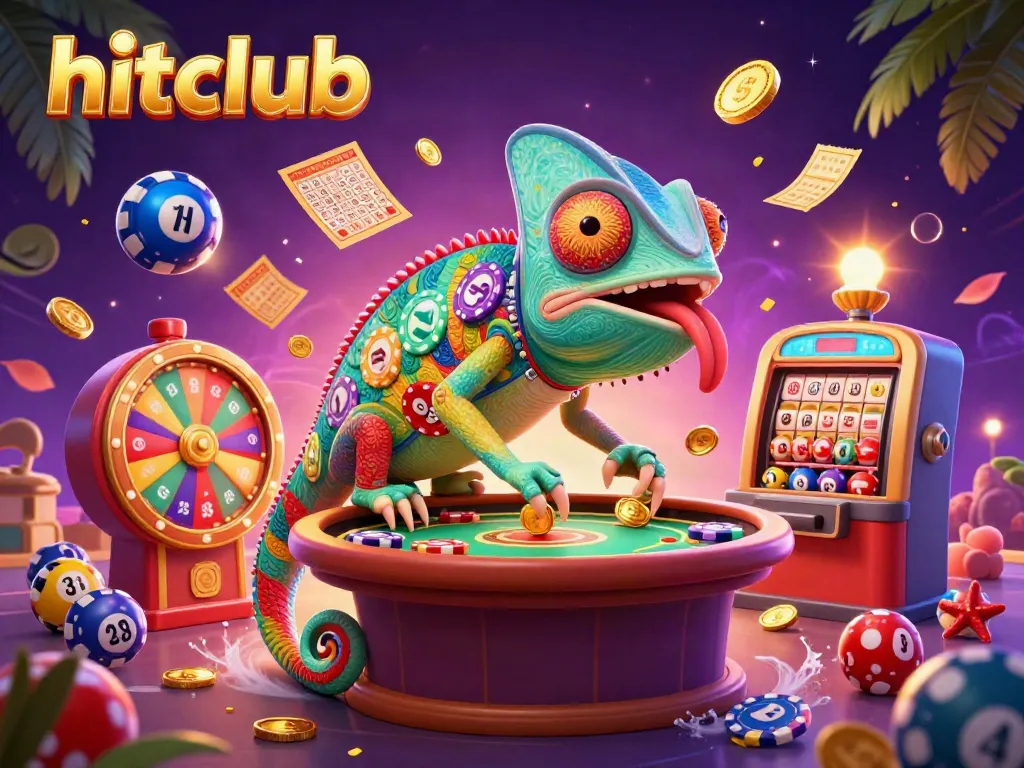 Spinning the reels at hitclub, the chameleon casino owner collects golden coins amidst a vibrant scene.