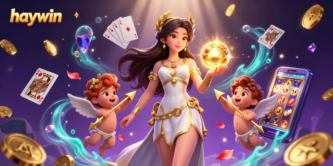 Experience the excitement of haywin with a vibrant 3D scene of casino games and divine characters.