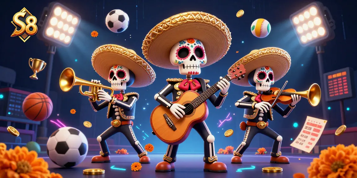 S8 online casino illustration featuring a dynamic mariachi band with sports elements and glowing effects.