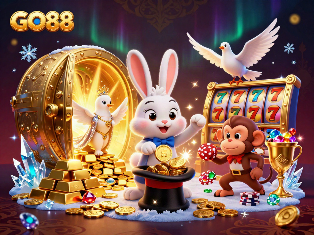 Experience the excitement of GO88 with a magical illustration featuring cartoon characters in a dynamic casino scene.