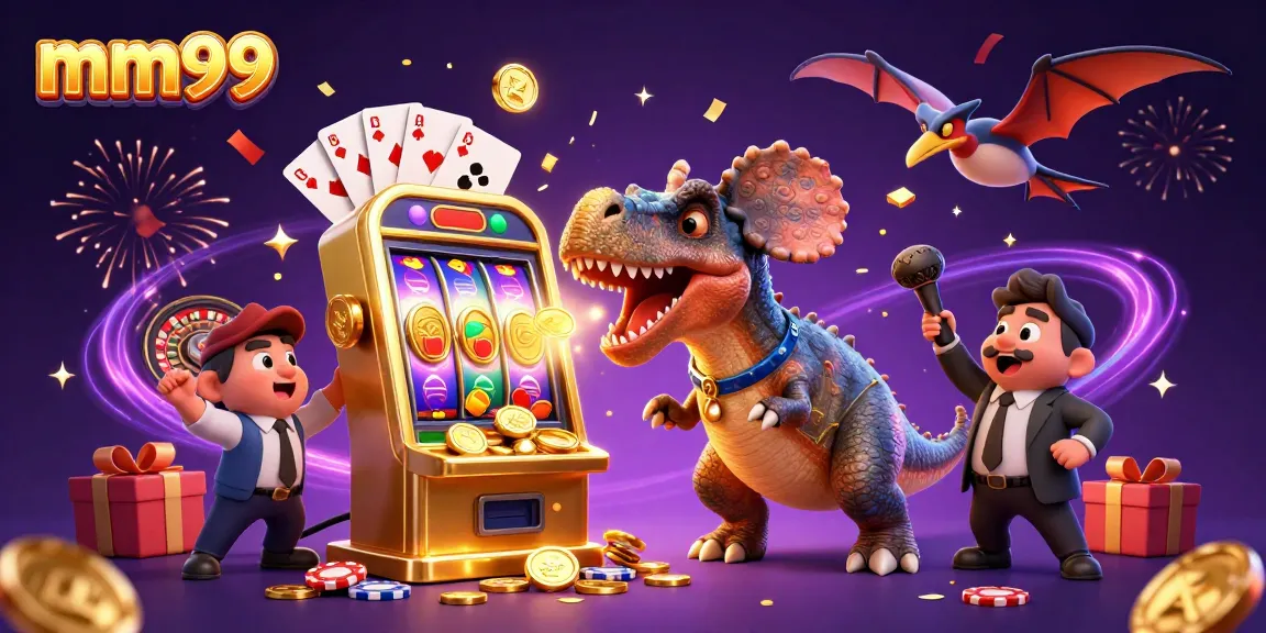 Engage with mm99 as a pachycephalosaurus wins jackpots amidst a celebration of casino elements.