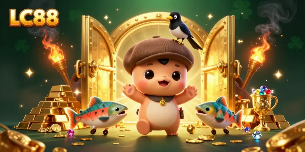 Play thrilling games at LC88 casino with an enchanting 3D illustration featuring Nessie and gold treasures.
