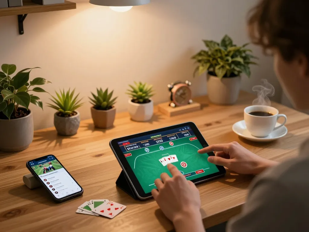 Engage in online poker gaming with 789WIN on a cozy home setup, highlighting strategy and comfort.