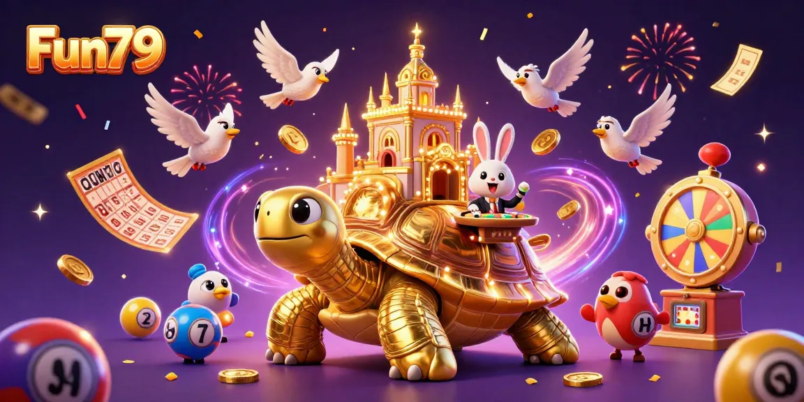 Join the thrill at Fun79 with a vibrant scene of a casino adventure featuring a giant tortoise and exciting gaming elements.