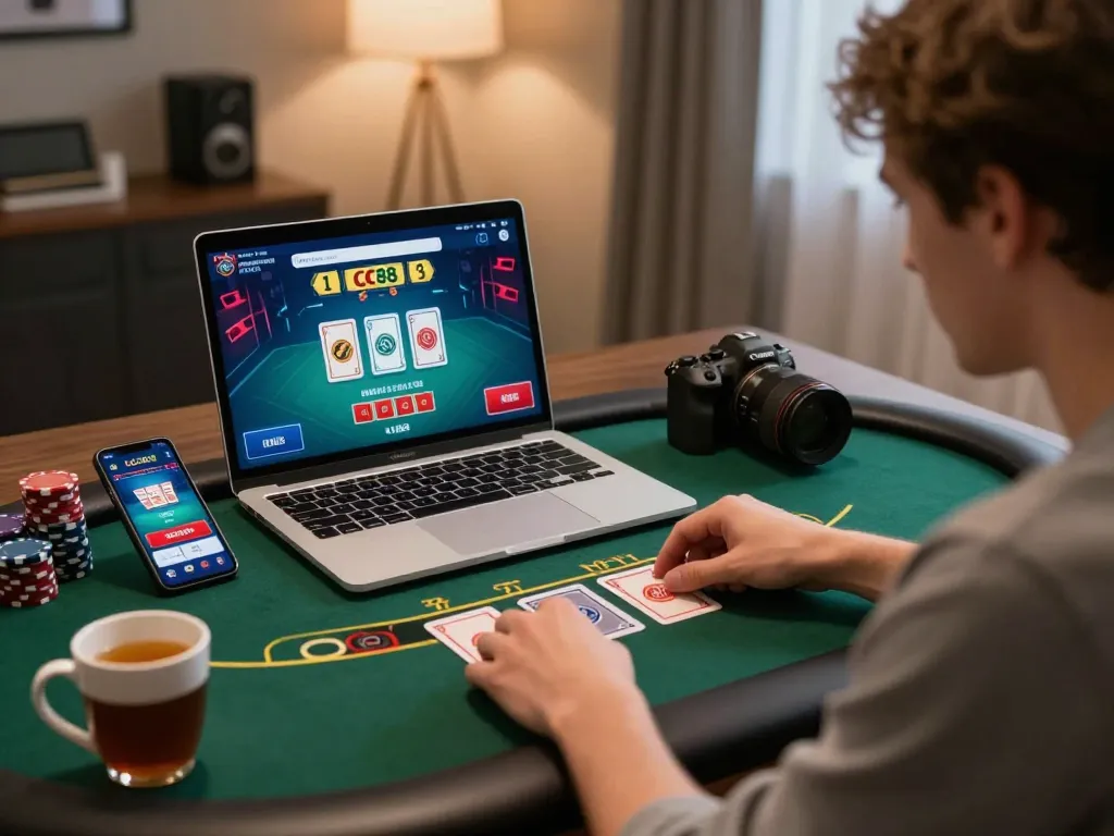 LC88 player engaged in live blackjack game on laptop in cozy home office setting.
