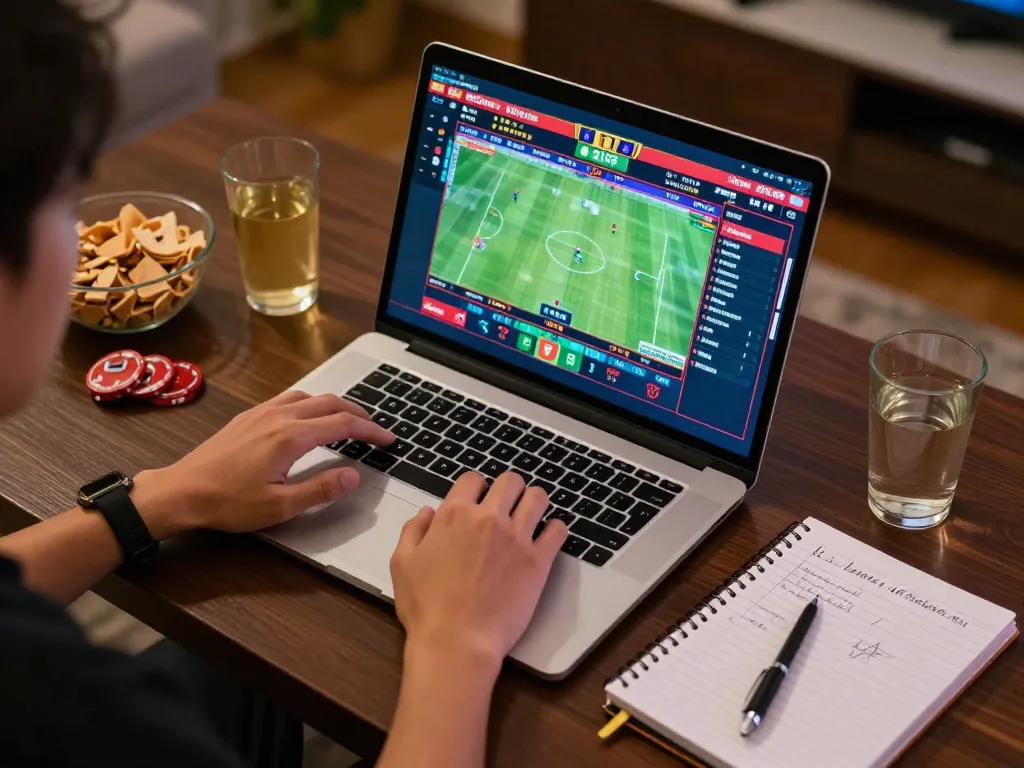 Engaging with kèo nhà cái through live sports betting on a laptop in a home setting, showcasing strategic gameplay