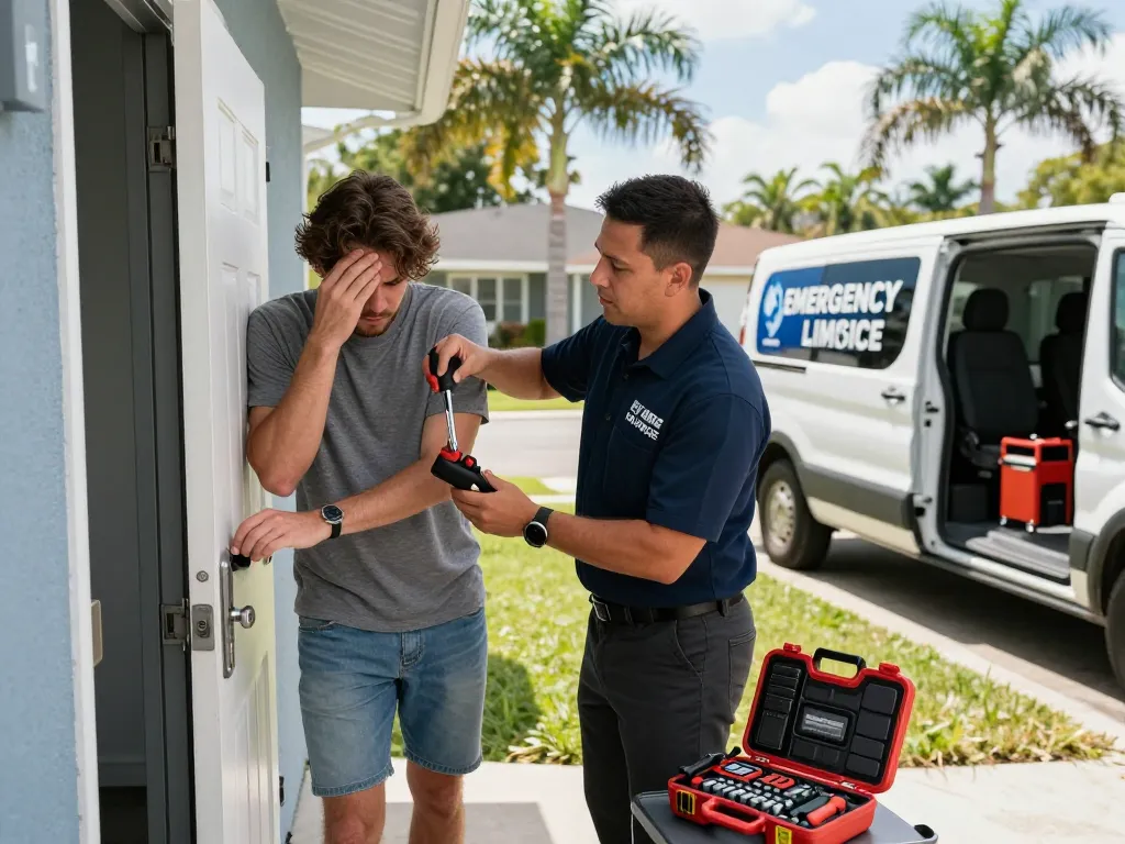 Emergency locksmith Palm City helping a homeowner with urgent lock issues outside a residential door, showcasing reliable service.