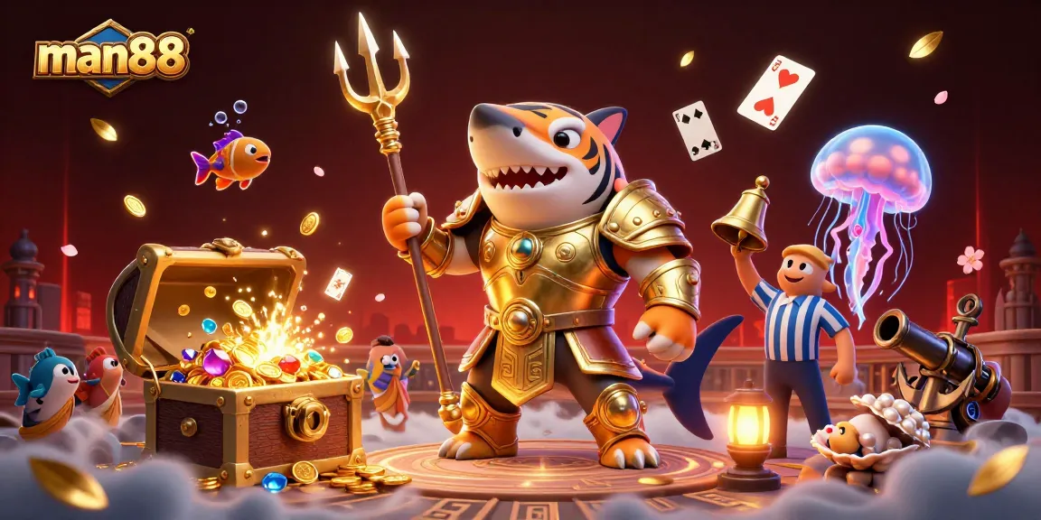 Experience the thrill of man88 gaming with a vibrant underwater casino illustration featuring action-packed characters and elements.