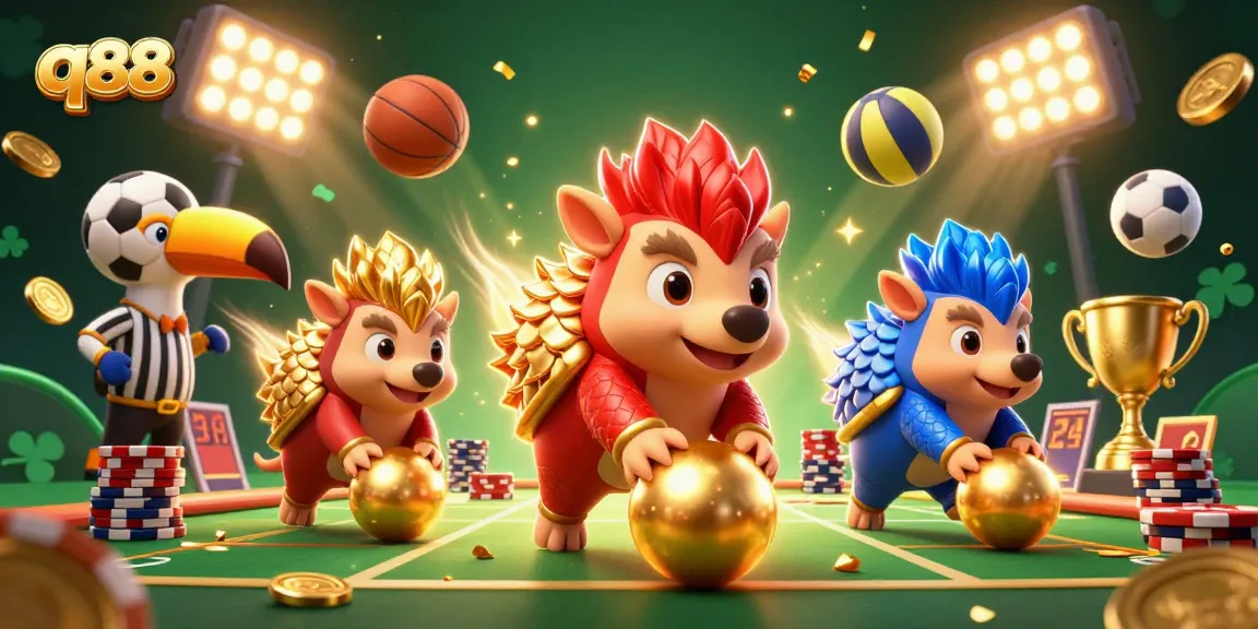 Engaging action featuring q88 pangolins bowling through poker chips in a vibrant casino scene.