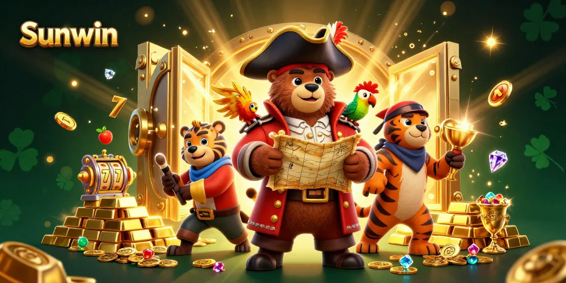 Sunwin showcases an energetic pirate scene packed with slot machines and treasures, bursting with excitement.