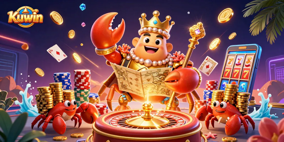 Engage with Kuwin's vibrant casino atmosphere featuring a golden crab emperor amidst a treasure-filled scene.