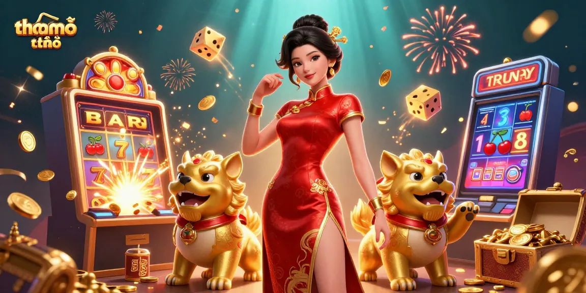 Spin and win with tham khảo thêm featuring a glamorous Asian woman in a festive casino scene, surrounded by winning elements.